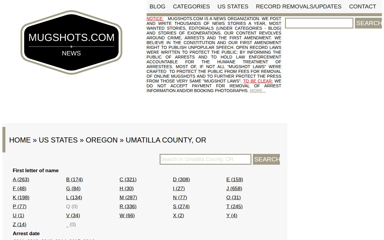 Umatilla County Mugshots.com archive presented as a historical secondary resource