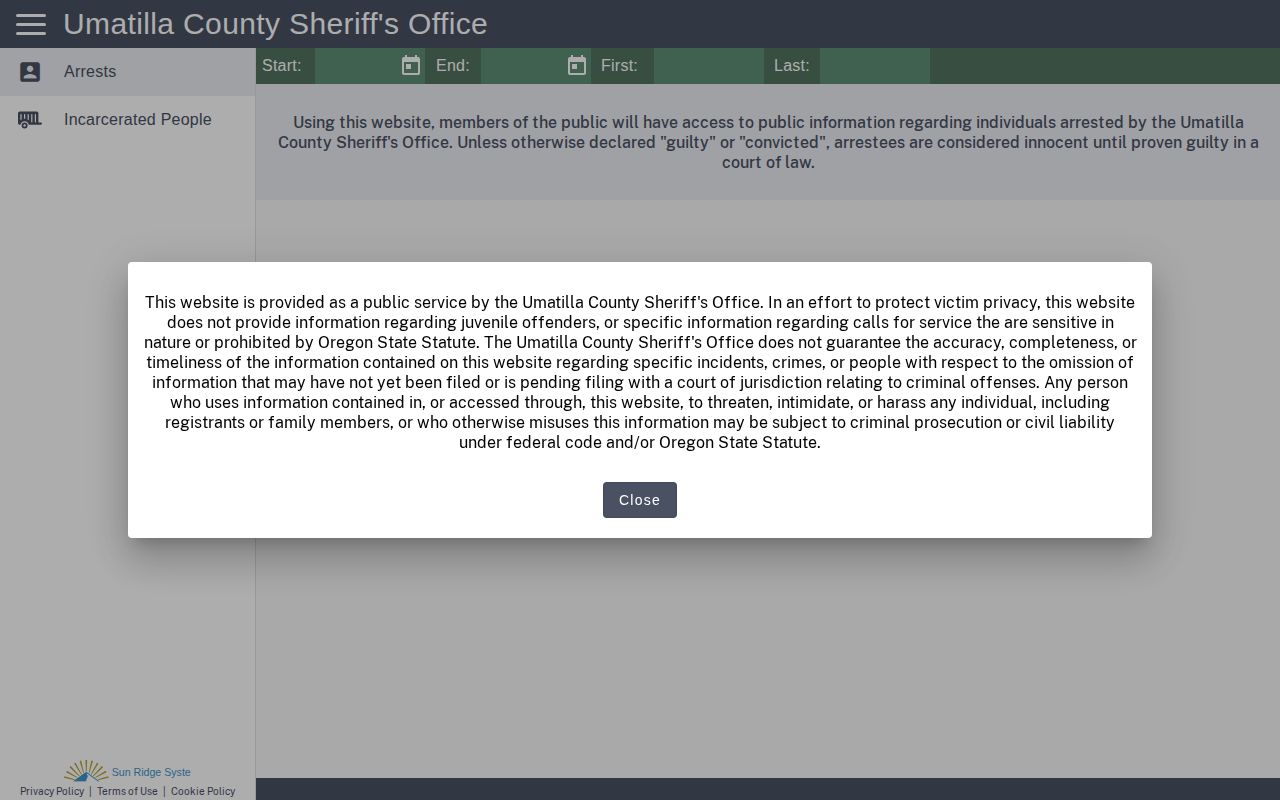 Umatilla County Sheriff's Office UCSO Arrests date-filtered arrest-events interface