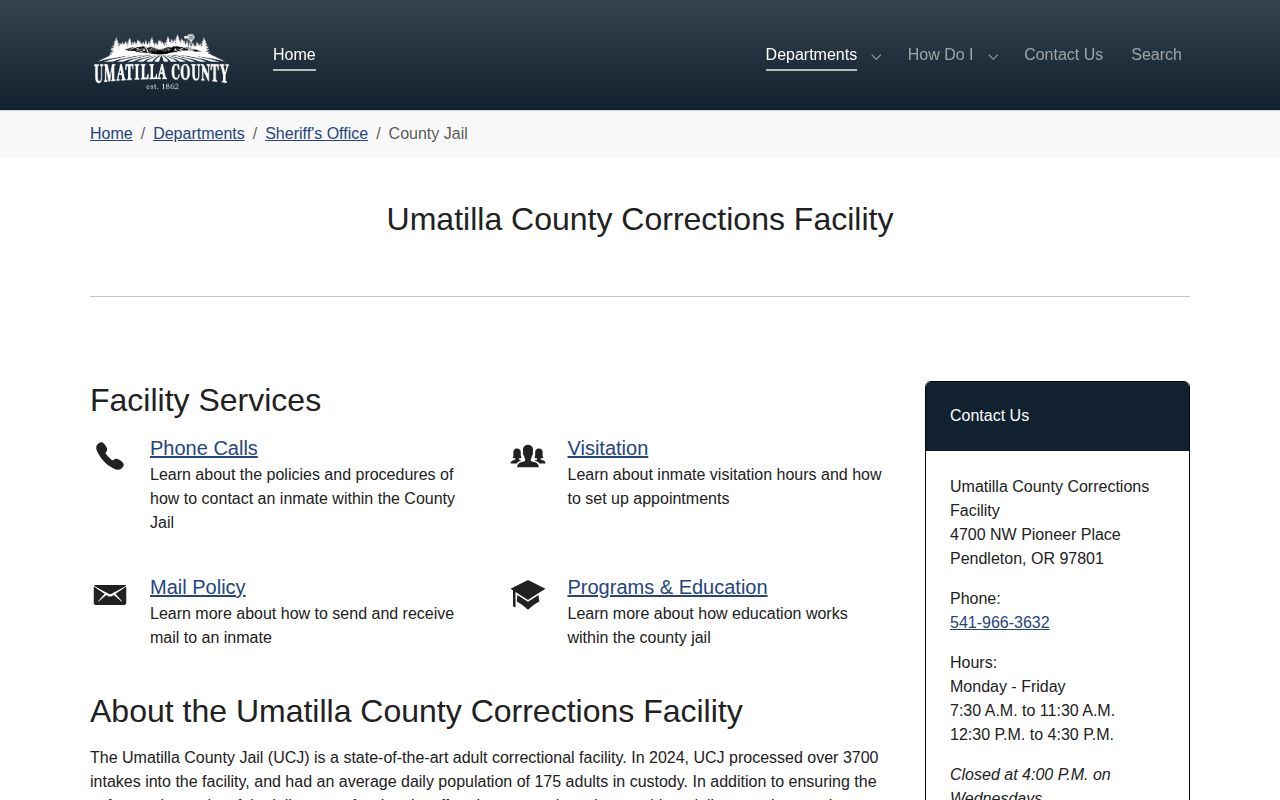 Official Umatilla County Corrections Facility jail information page