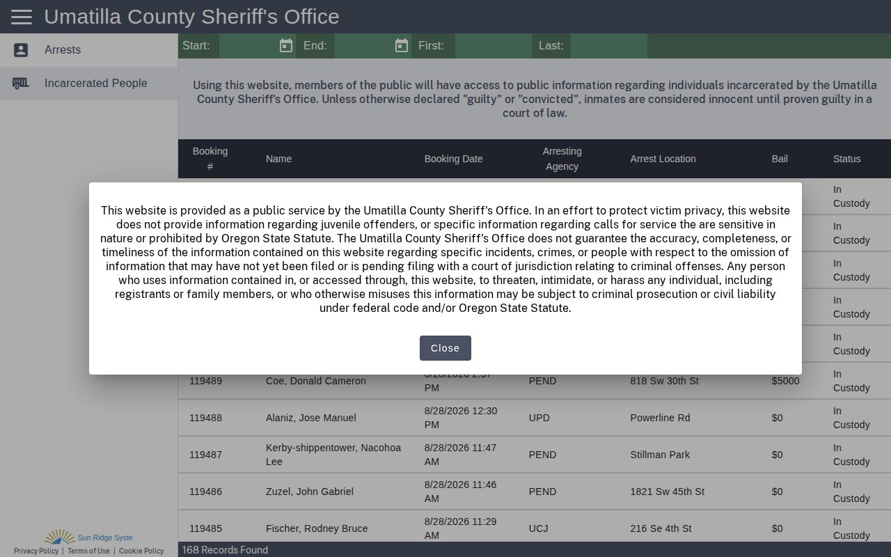Umatilla County Sheriff's Office CitizenRIMS current-custody roster interface